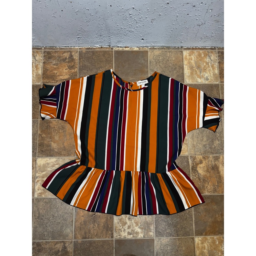 Impressionsโ Multi Color Striped Peplum Top Short Sleeve Blouse Large 1F03